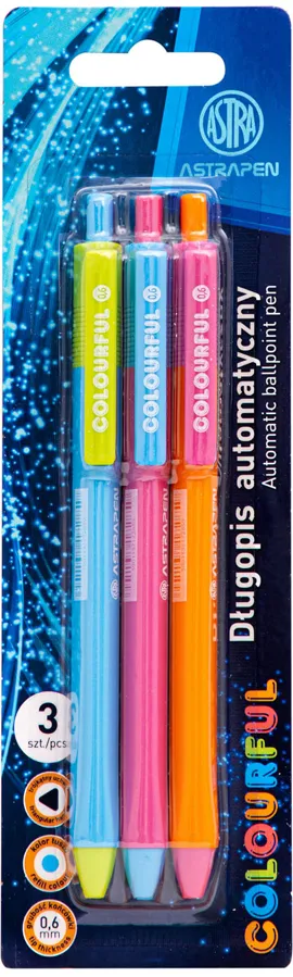 Pix cu mecanism Colorful, varf 0.6, scriere albastra, 3 bucati/blist