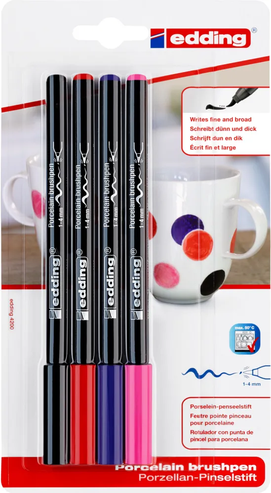 Marker Edding 4200, varf tip pensula, 4 culori asortate, blister