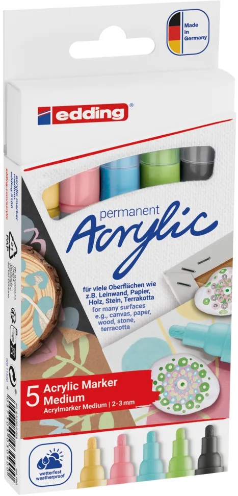 Set markere acrilice Edding 5100, varf 2-3 mm, culori pastel, 5 bucati/set