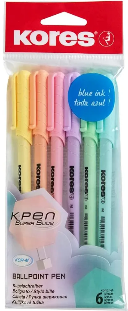 Set 6 pixuri fara mecanism Kores Korm, varf 1 mm, corp pastel, scriere albastra