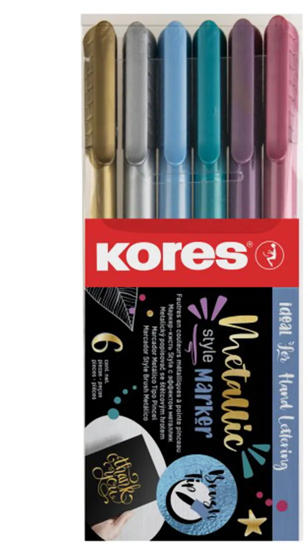 Set 6 markere permanente metalice Kores, varf tip pensula, in blister