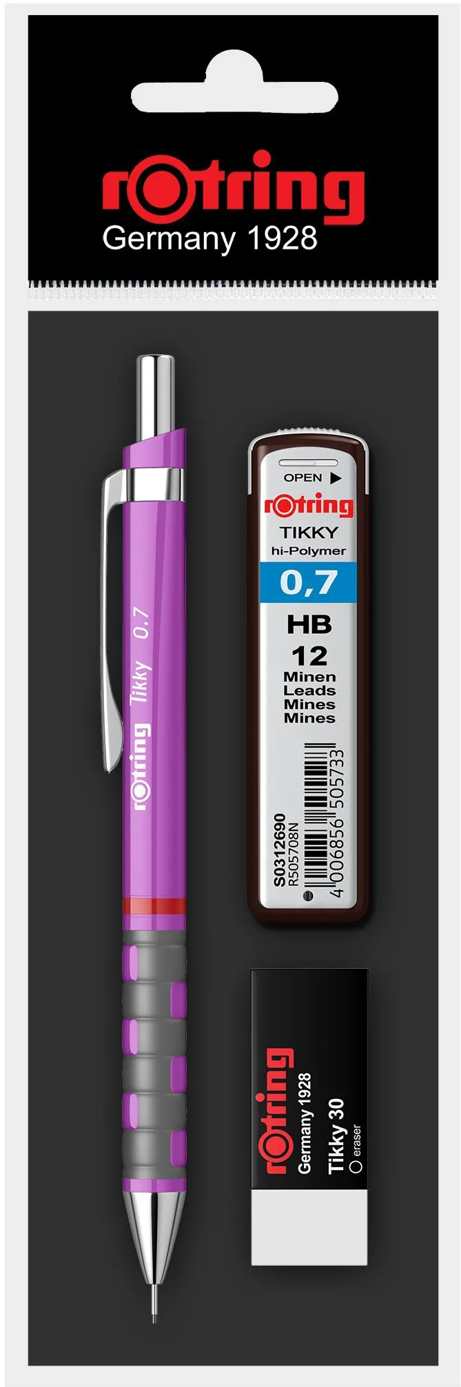 Set Rotring, creion mecanic 0.7 mm diverse culori, carcasa si mina 0.7 mm, radiera Tikky 40