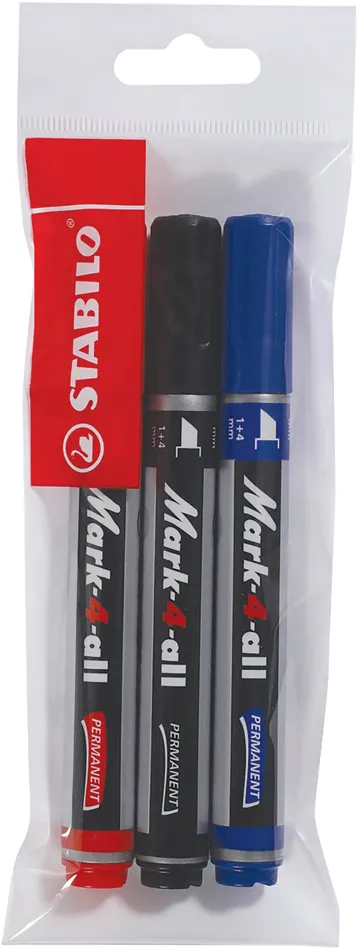Marker permermanent Stabilo Mark-4-all, 653, B, varf tesit, 1-4 mm, set 3 culori/blister, albastru, negru, rosu