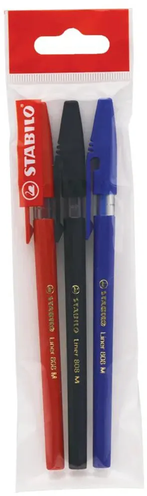 Pix fara mecanism Stabilo liner, M, 0.45 mm, 3 culori/blister eco, albastru, negru, rosu