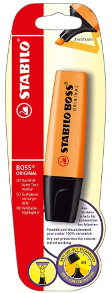 Textmarker Stabilo Boss, corp plastic, varf retezat 2-5 mm, portocaliu, blister