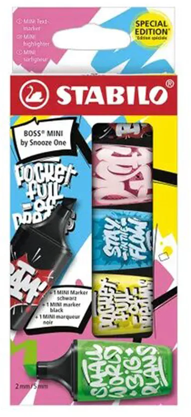 Textmarker Stabilo Boss mini by Snooze One, 5 culori / set, negru, roz, albastru, galben, verde, etui, carton