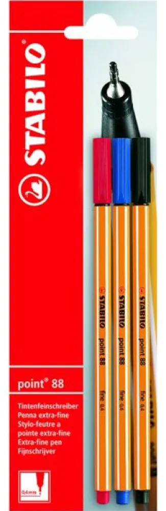 Fineliner Stabilo Point 88, 0.4 mm, 3 culori, negru, rosu, albastru, blister