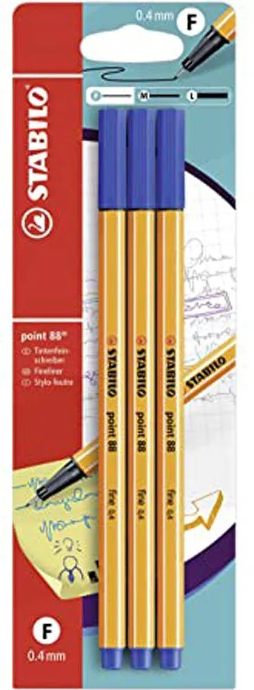 Fineliner Stabilo Point 88, 0.4 mm, albastru, 3 bucati/blister