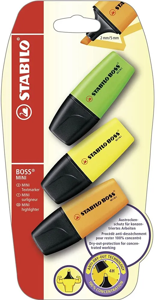 Textmarker Stabilo Boss mini, 3 culori/blister, galben, verde, portocaliu