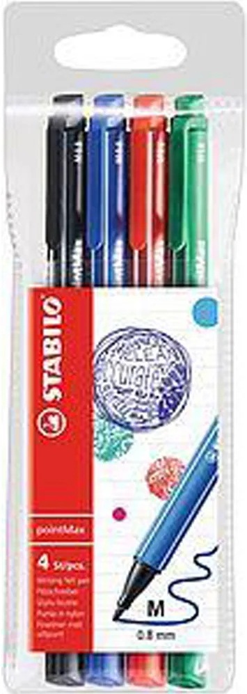 Fineliner Stabilo PointMax, varf 0.8 mm, set 4 culori, albastru, negru, rosu, verde, blister