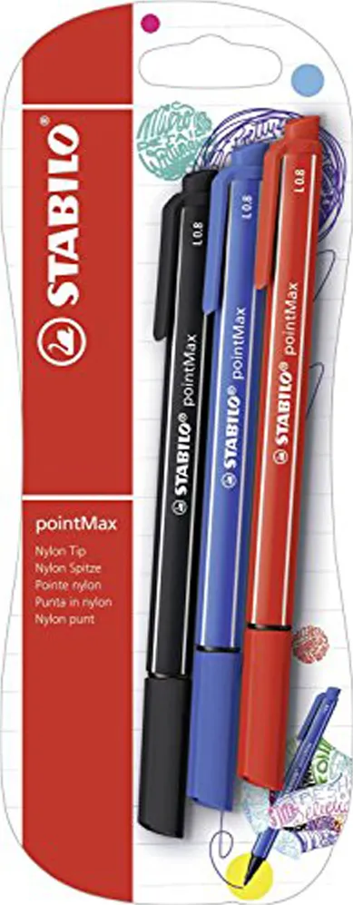 Fineliner Stabilo PointMax, 0.8 mm, 3 culori/blister, ultramarin, negru, carmin