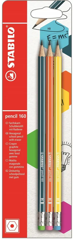Set 3 creioane grafit tip HB 160, galben, portocaliu, petrol, cu radiera