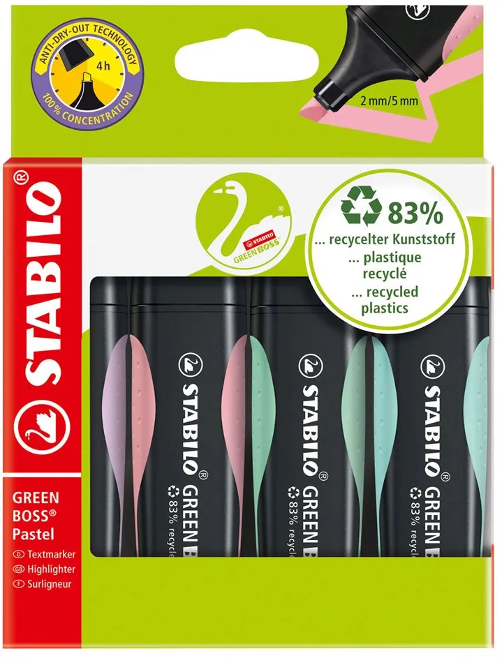Textmarker Stabilo Boss Green Pastel, 4 culori/set, etui carton