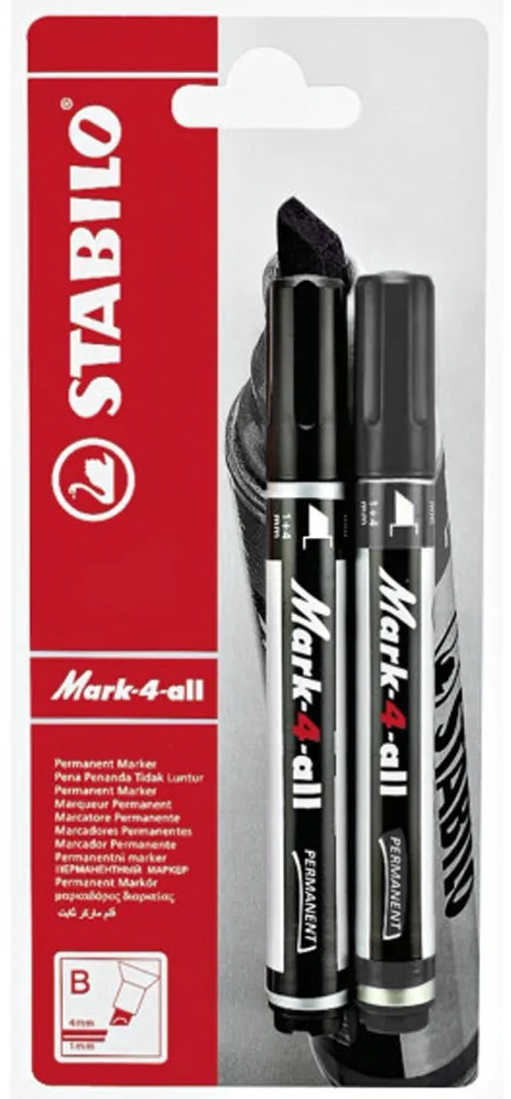 Marker permermanent Stabilo Mark-4-all, 651, F, varf rotund, 1.5 ? 2.5 mm, set 2 bucati/blister, negru