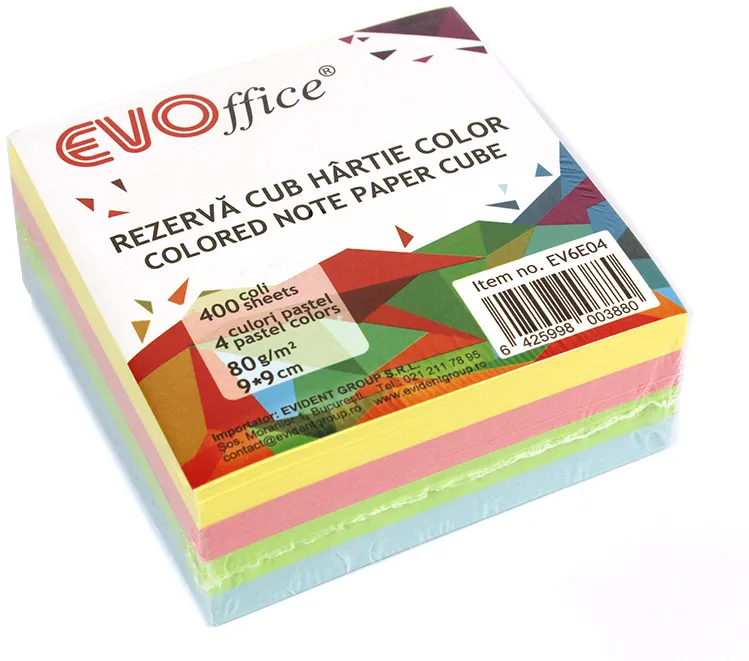 Rezerva cub hartie color pastel EVOffice, 400 file, 4 culori, 90 x 90 mm, 80 g
