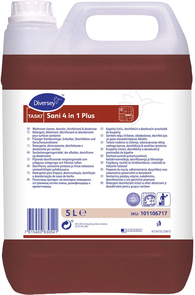 Detergent detartrant si igienizant pentru spatii sanitare TASKI Sani 4 in 1 Plus, 5 l