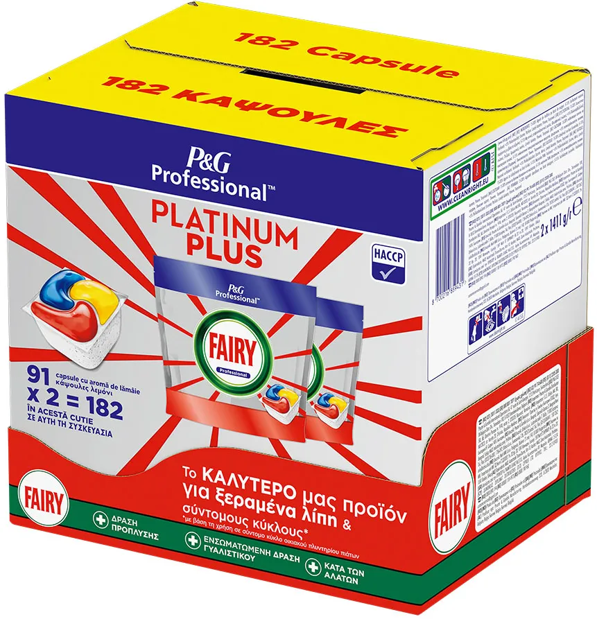 Detergent capsule pentru masina de spalat vase, Fairy ADW Platinum Plus, 182 capsule, 2 pungi x 91 capsule/punga