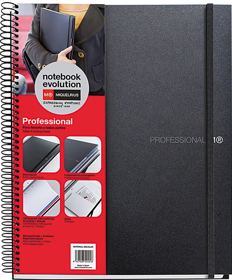 Caiet cu spira, Miquelrius, Evolution, A5, matematica+velin, 120 file, coperta PP, negru