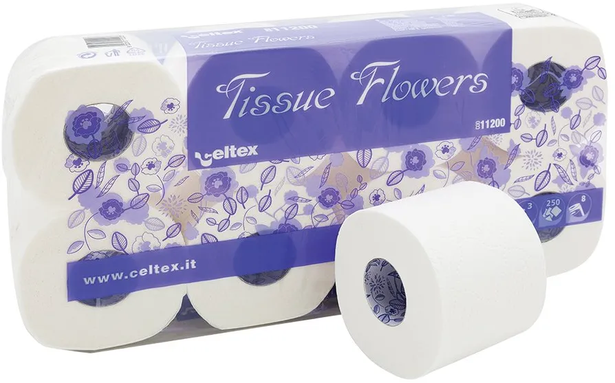 Hartie igienica mini, Celtex, Tissue Flowers, 3 straturi, alba, 8 role/set
