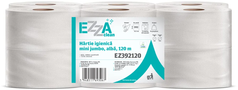 Hartie igienica mini jumbo EZZA Clean, alba, 2 straturi, 120 m, 12 role/bax