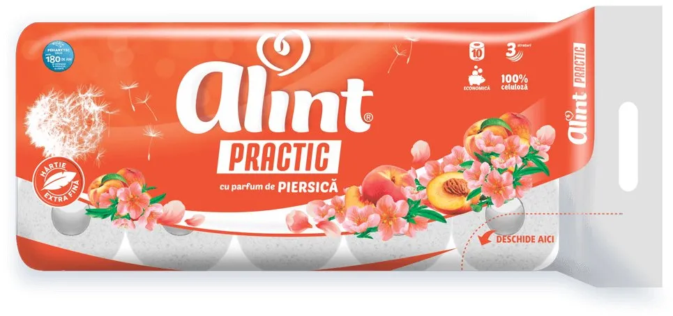Hartie igienica Alint Practic parfum Piersica, 3 straturi, 9x12 cm, 120 portii, 10 m, 10 role/set