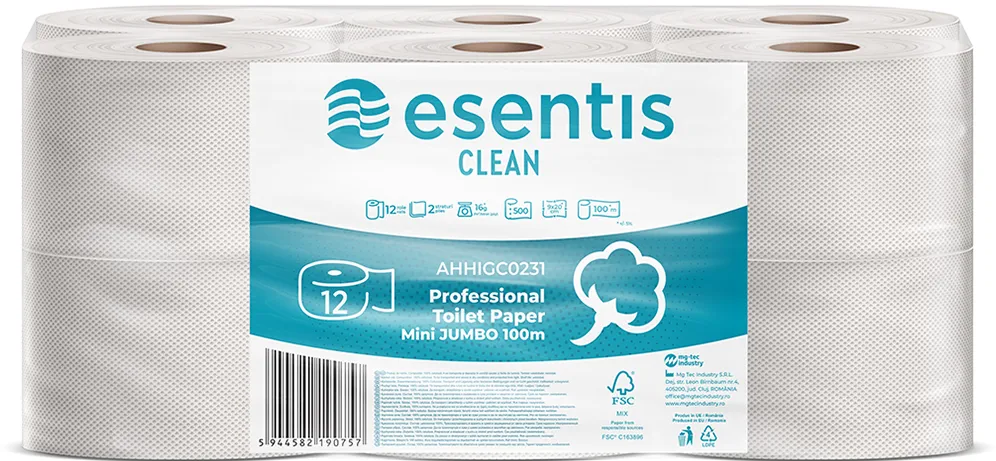 Hartie igienica Esentis Clean alba 2 straturi, 500 portii, 100 m, 12 role/set
