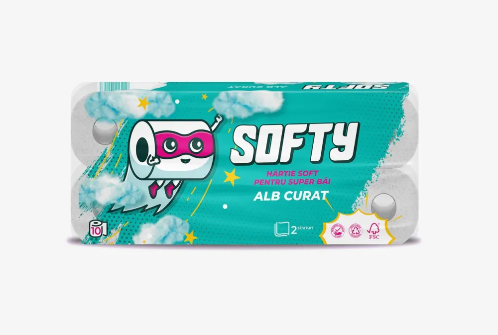 Hartie igienica Softy, alba, 2 straturi, 12 m, 10 role/set