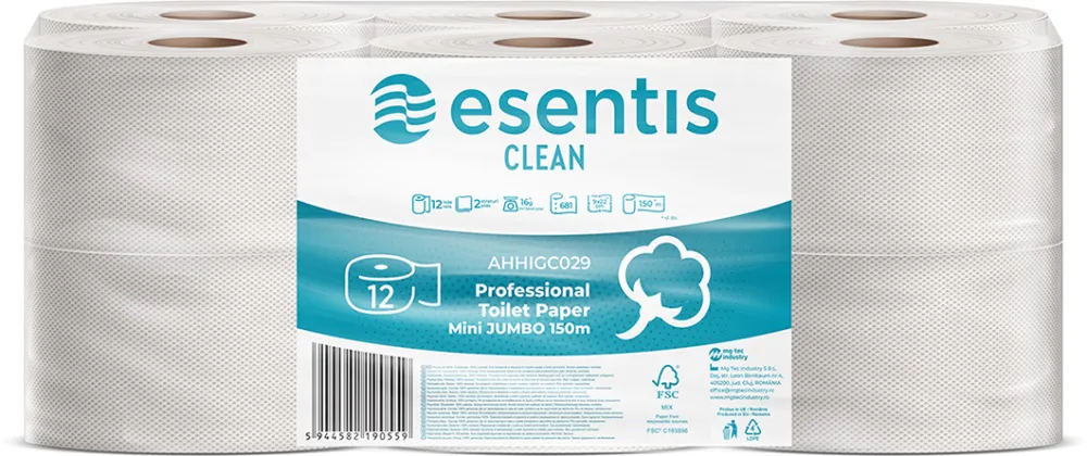 Hartie igienica Midi Jumbo Esentis Clean, alba, 2 straturi, 150 m