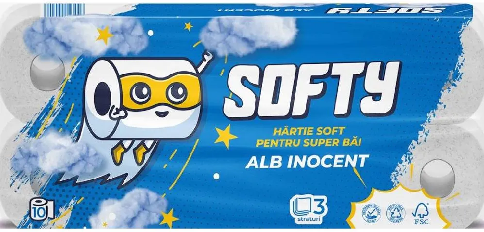 Hartie igienica Softy, 3 straturi, alba, 120 portii, 12 m, 10 role/set
