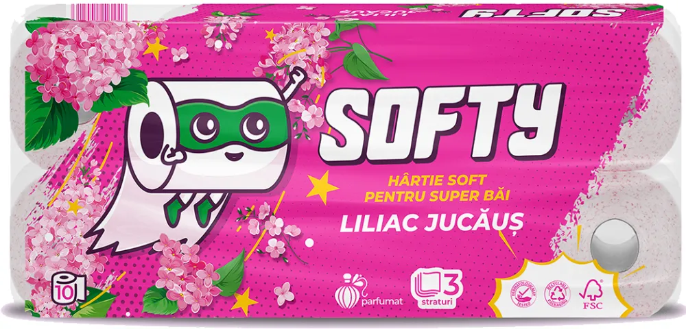 Hartie igienica Softy Liliac, 3 straturi, alba, 12 m, 10 role/set