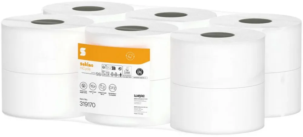 Rezerva hartie igienica derulare centrala Satino HiCycle, 2 straturi, 180 m/rola, 12 role/bax