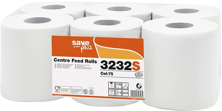 Rola prosoape cu derulare centrala, 2 straturi, hartie alba caterata, 108 m, 450 portii, 6 role/set