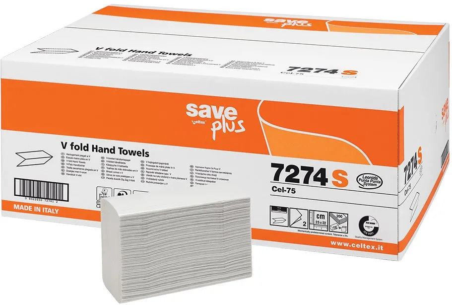 Prosoape pliate V, Celtex Save 7274S, alb, 2 straturi, 25x22 cm, 200 bucati/pachet