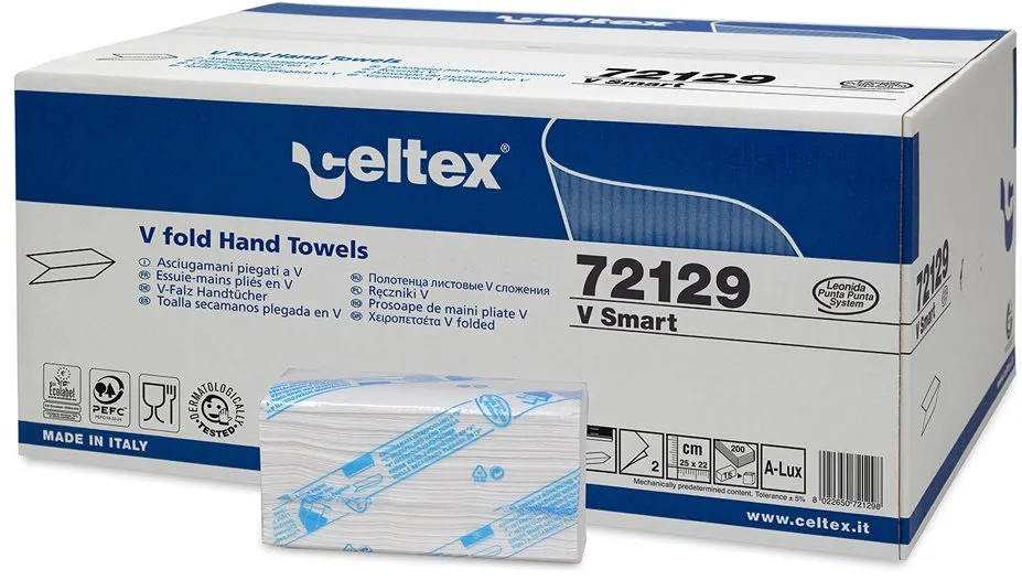 Rezerva prosoape pliate, Celtex, V Smart, 2 straturi, alb, 200 buc/pachet, 15 pachete/cutie