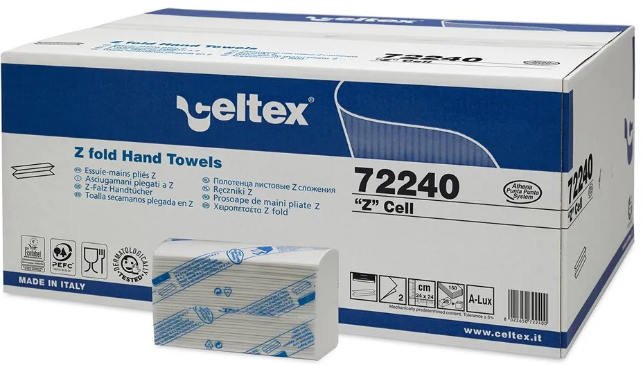 Rezerva prosoape pliate Z, Celtex, 72240, 2 straturi, alb, 150 buc/pachet, 25 pachete/cutie