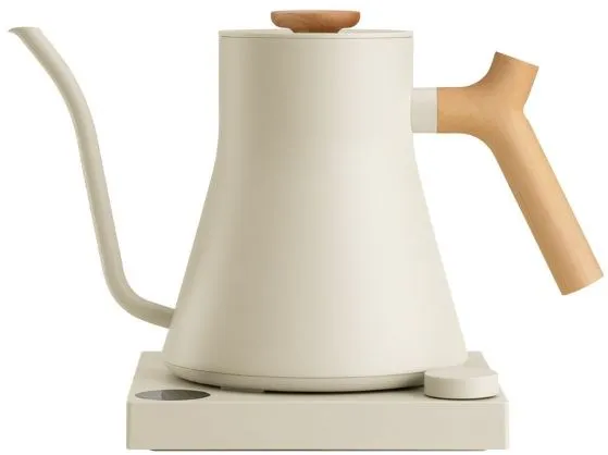 Fellow Stagg EKG PRO 900ml electric kettle in sesame beige with a wooden handle
