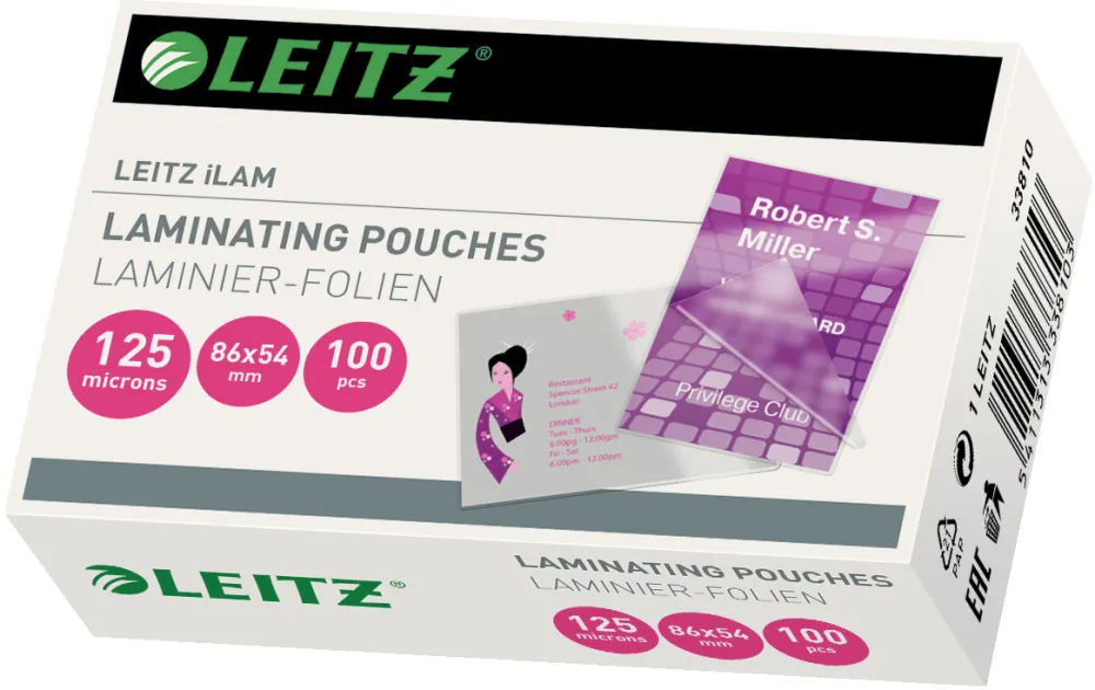 Folie laminare LEITZ, la cald, 54x86 mm, 125 mic, 100 buc/set