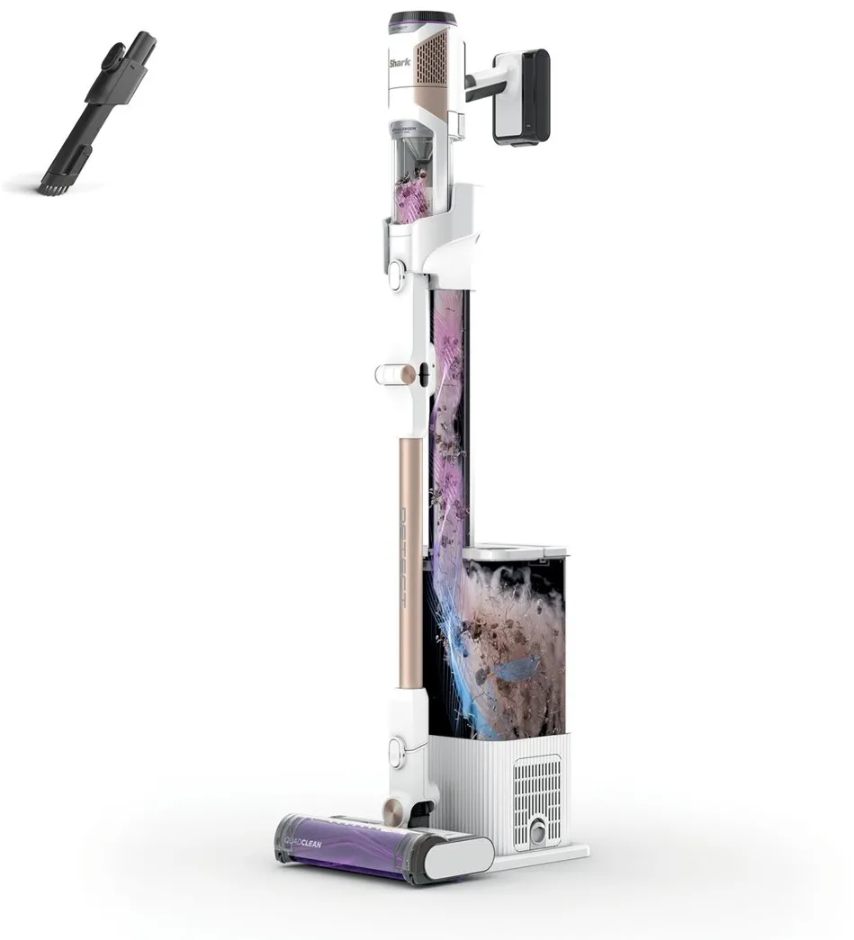 Aspirator vertical fara fir 2in1 Shark IW3612EU DetectClean & Empty Flexwand, 240W, 18V, 0.42L, autonomie 60 min, statie golire 3in1 Anti-Odour, Dirt/Floor/Edge Detect, QuadClean LED, Anti-Hair Wrap, perie 2in1 spatii inguste, alb-auriu