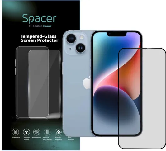 Spacer FOLIE STICLA Spacer pentru Iphone 14, grosime 0.3mm, acoperire totala ecran, strat special anti-ulei si anti-amprenta, Tempered Glass, sticla 9D, duritate 9H "SPPG-AP-IP14-TG"