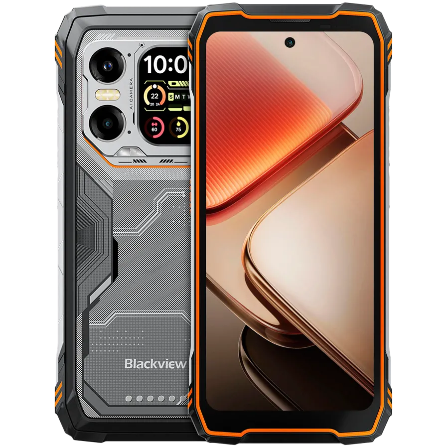 Blackview XPLORE 1X Rugged Phone 5G 6.78 inch FHD 2460x1080 120Hz + 2.01 inch 296x240 12/256Gb MT 7050 Octa-Core 2.4GHz 50MP Front 108+20MP Rear Cam Night vision WiFi6 NFC 10000mAh MIL-STD-810H Android 15 Orange