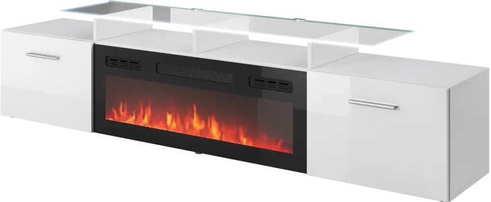 RTV cabinet ROVA with electric fireplace 190x37x48 white/gloss white