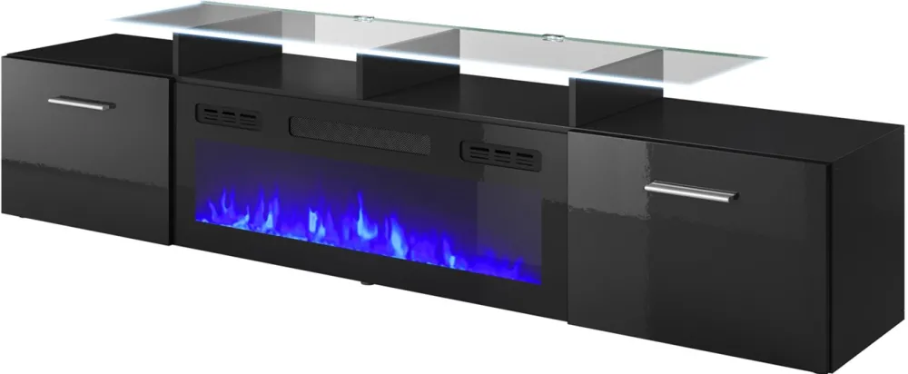 RTV cabinet ROVA with electric fireplace 190x37x48 cm black/black gloss