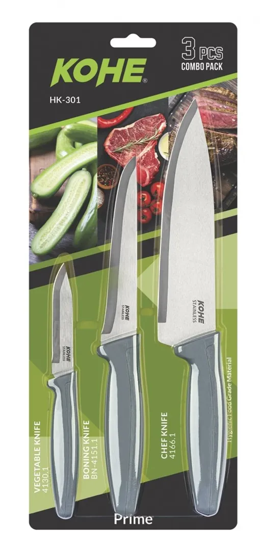 Set of 3 KOHE knives, mixed colours in blister pack