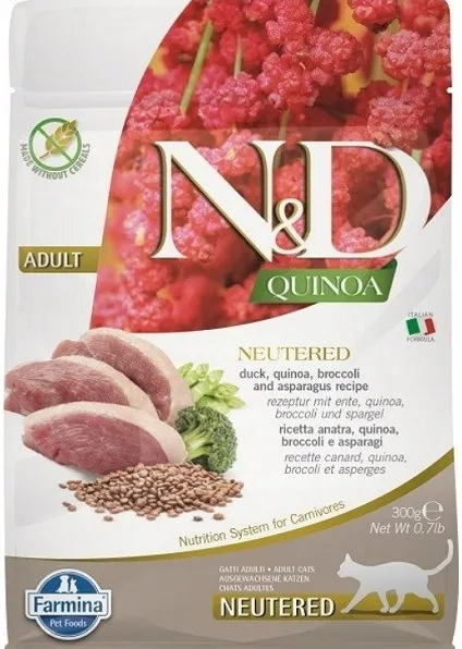 FARMINA N&D Quinoa Cat Duck, Broccoli, Asparagus Neutered Adult  - dry cat food - 300 g