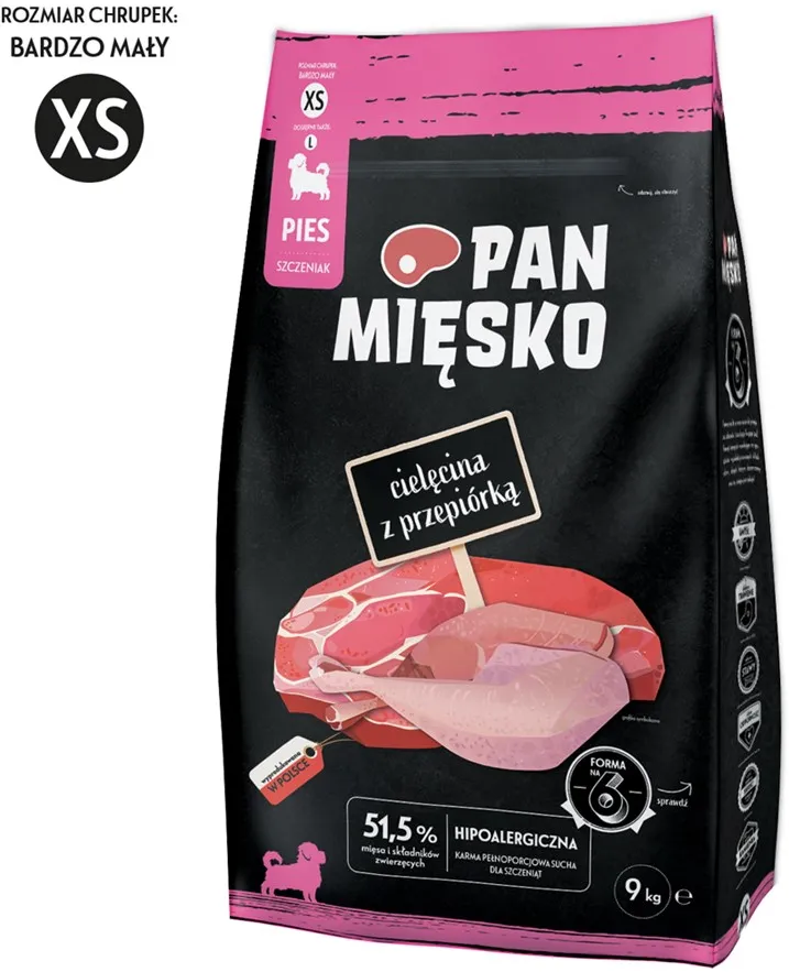PAN MIĘSKO Veal with quail XS - dry food for puppies - 9kg
