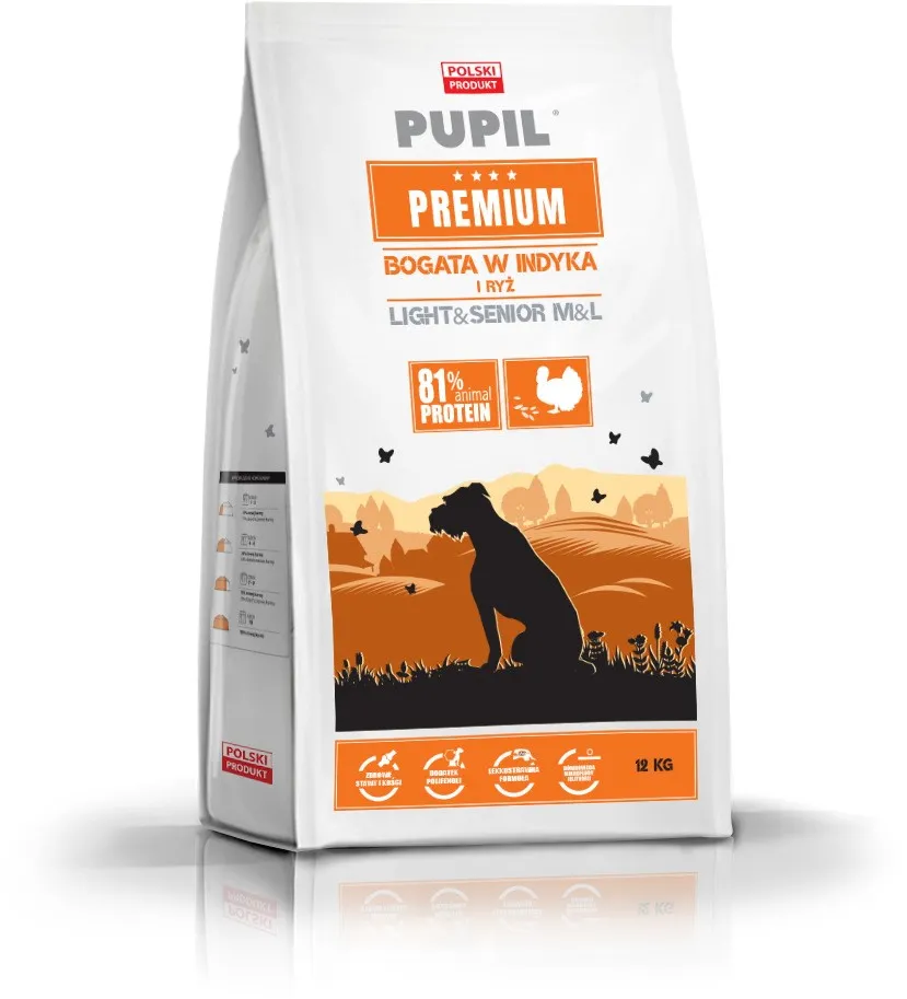 Hrana uscata pentru caini Pupil Premium Light&Senior talie medie si mare cu curcan si orez 12 kg