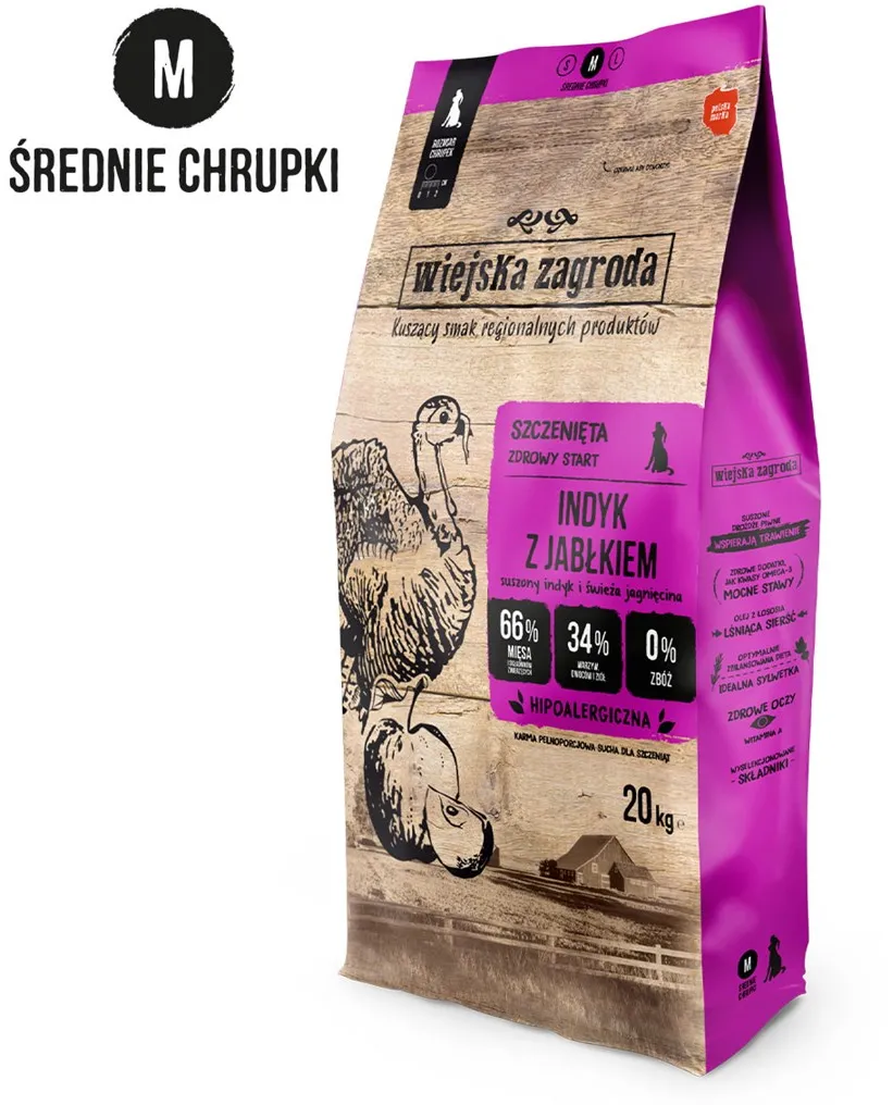 WIEJSKA ZAGRODA Turkey with Apple Crunchy M - Dry Food for Puppies - 20 kg
