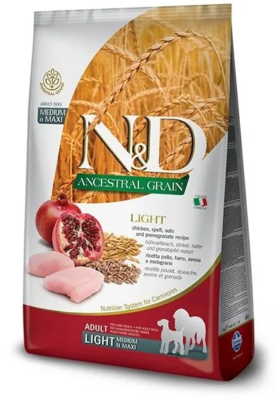 FARMINA N&D ANCESTRAL GRAIN DOG LIGHT - CHICKEN. SPELT.OATS AND POMEGRANATE ADULT MEDIUM & MAXI 12kg