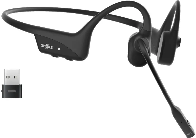 SHOKZ OpenComm2 UC 2025 Upgrade Wireless Bluetooth Bone Conduction Videoconferencing Headset with USB-C Charging Port and USB-C adapter | 16 Hr Talk Time, 29m Wireless Range, 1 Hr Charge Time | Includes Noise Cancelling Boom Mic and Dongle, Black