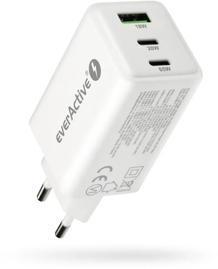 Charger GaN 1 x USB, 2 x USB-C Quick Charge 4+ 65W white
